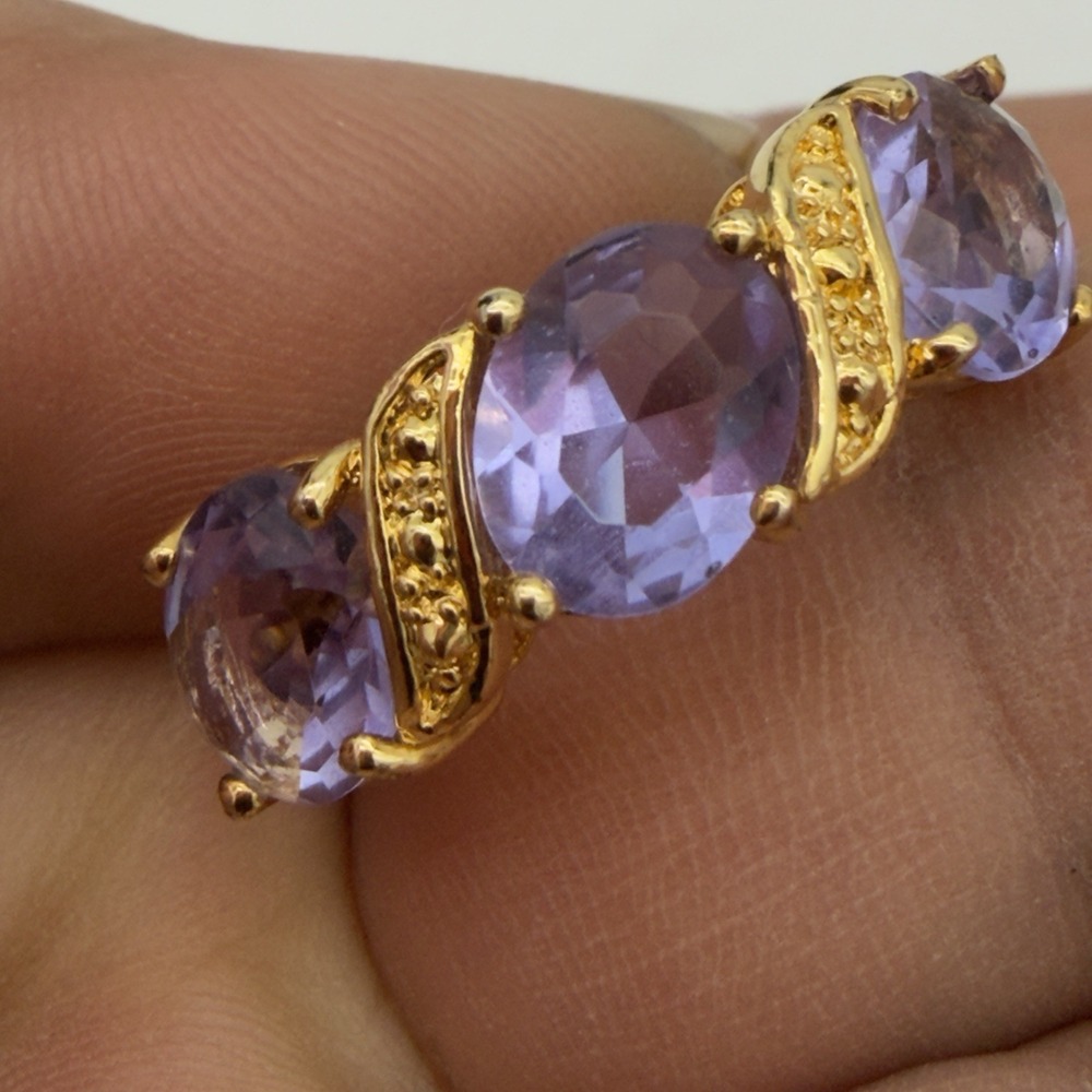 Vtg Gold Vermeil Sterling Silver Ring Purple Amethyst Glass 3 Stone Size 7.25